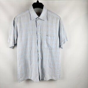 John Lewis Shirt Men Medium Linen Blend Short Sleeve Button Down Blue Tan